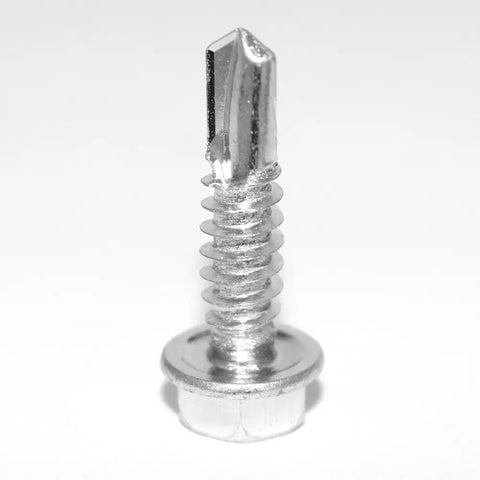 Close-up of a silver 1/4 In By 1 In Self-Drilling Screw With 3/8 In Head, Quick Install Self-Tapping Bolt, drill point tip visible.