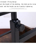 Height Adjustable Overbed Table With Smooth Rolling Wheels And Built In Storage Trays For Sofa Bedside Use Solid Brown Laptop Stand height adjustment mechanism close-up.