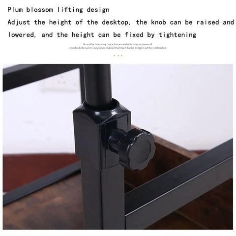 Height Adjustable Overbed Table With Smooth Rolling Wheels And Built In Storage Trays For Sofa Bedside Use Solid Brown Laptop Stand height adjustment mechanism close-up.