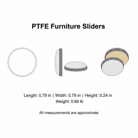 PTFE Furniture Sliders for Hardwood Floors Tile and Laminate Low Profile Heavy Duty Movers with dimensions and weight details