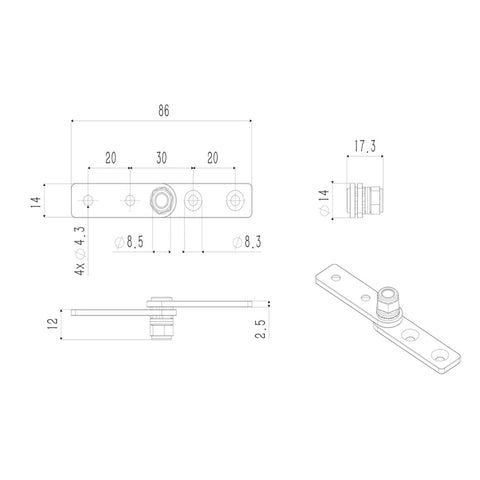 Technical drawing of 2 Pack 2N.M 360 Degree Torque Hinges In 304 Stainless Steel With Adjustable Damping for folding tables.