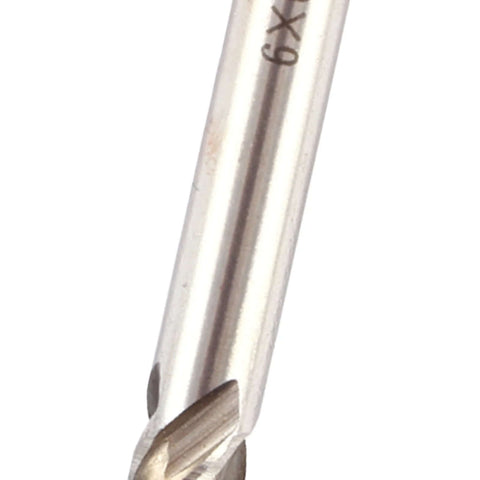 Close-up view of a metal end mill cutter, 6mm, 4-flute, straight shank, spiral cutting edges.