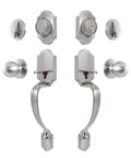 Double Door Lock Set With Handle And Dummy, Satin Nickel Finish, Single Cylinder Deadbolt And Exterior Key, Interior Turn, Heavy Duty Zinc Alloy Construction, Reversible For Right Or Left Handed Doors displayed on white background.