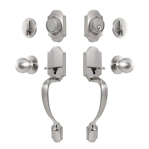 Double Door Lock Set With Handle And Dummy, Satin Nickel Finish, Single Cylinder Deadbolt And Exterior Key, Interior Turn, Heavy Duty Zinc Alloy Construction, Reversible For Right Or Left Handed Doors displayed on white background.