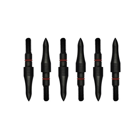 12 Pack Screw In Archery Field Points, CNC Machined Steel, Eight Thirty Second Thread, shown in a row for target practice