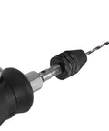 Close-up of Two-Piece Keyless Mini Jaw Drill Chuck Collet Adapter for 0.3-3.4mm Bits attached to drill