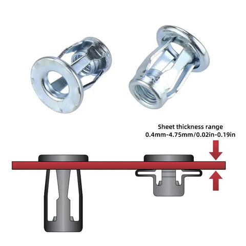 M4 Jack Nut With Installation Tool Kit displaying threaded insert nuts for plastic, polywood, and pressboard.