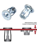 Quarter Inch Ultra Heavy Duty Threaded Insert Jack Nuts With Installation Tool Premium Rivnut Assembly Kit For Hardboard Plywood Sheet Metal No Sweat Fastening System shown with sheet thickness range indicator.