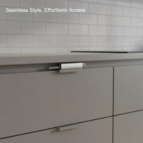 Press To Open Cabinet Latch For Handle Free Doors Aluminum Alloy Silver Finish on cabinet with seamless style
