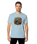 Rugged Garage Project T-Shirt With Vintage Piston Wrench And Gear Badge Design For Hardcore DIY Builds, Engine Repair Work, And Weekend Shop Creations Featuring Distressed Vector Graphics On Mens Heavyweight Cotton in light blue worn by a man.