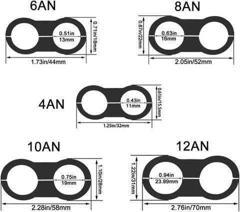 Diagram showing sizes of Black Aluminum Hose Clamp Separator For Fuel Oil Brake Water And Gas Lines Garage Ready Easy To Disassemble