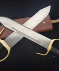 Bart Cham Dao Damascus Steel Hand Made Sword With Brown Leather Sheath, 16in length, shown with copper handle on black background