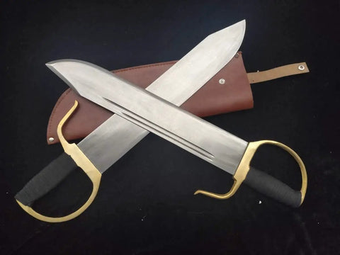 Bart Cham Dao Damascus Steel Hand Made Sword With Brown Leather Sheath, 16in length, shown with copper handle on black background