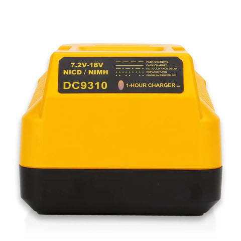 Close-up of Fast 1Hour Or Less Battery Charger For 7.2V 14.4V And 18V NiCd NiMH Tool Batteries with yellow casing