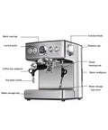 Pro Level Fully Automatic Espresso Coffee Machine Built For The Morning Rush With A Rock Solid 19 Bar Pump and Dual Wall Stainless Steel Filter, detailed front view.