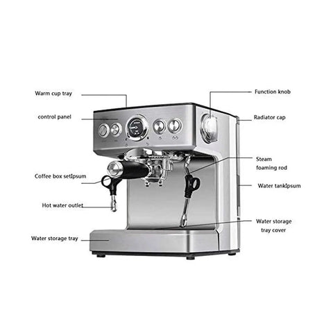 Pro Level Fully Automatic Espresso Coffee Machine Built For The Morning Rush With A Rock Solid 19 Bar Pump and Dual Wall Stainless Steel Filter, detailed front view.