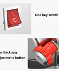 Top Shelf Stainless Steel Pasta Roller And Cutter Attachment Set showing one key switch and skin thickness adjustment button.