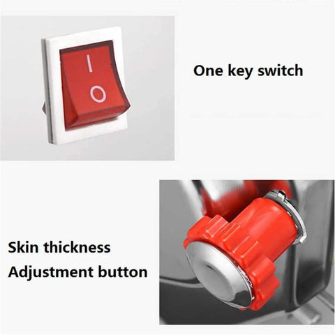 Top Shelf Stainless Steel Pasta Roller And Cutter Attachment Set showing one key switch and skin thickness adjustment button.