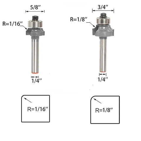 Two roundover router bits with 1/4 inch shank, shown in 1/16 and 1/8 inch radius options from the Six Piece Roundover Router Bit Set.