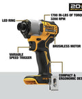20V Max Cordless Brushless Impact Driver One Quarter Inch Chuck Tool Only For Pros And DIYers Compact Ergonomic Grip 1700 In-Lbs Torque