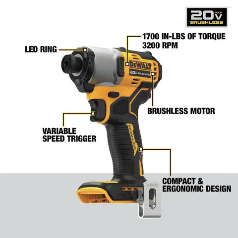 20V Max Cordless Brushless Impact Driver One Quarter Inch Chuck Tool Only For Pros And DIYers Compact Ergonomic Grip 1700 In-Lbs Torque