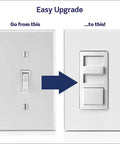 Comparison showing standard switch and IllumaTech Dimmer Switch for Dimmable LED, Halogen and Incandescent Bulbs IPL06-10Z.