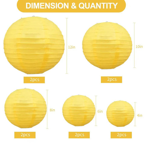 Bright Yellow Round Paper Lanterns Set, 10 Pack With Two Lanterns Each In 4 6 8 10 And 12 Inch Sizes, Easy To Assemble Hanging Decor That Brings A Fun Vibe To Birthday Parties, Weddings, Baby Showers, Halloween And Home Party Decor