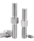 Front view of four stainless steel M12x60 double-ended studs with hex head nuts; right- and left-hand threads visible.