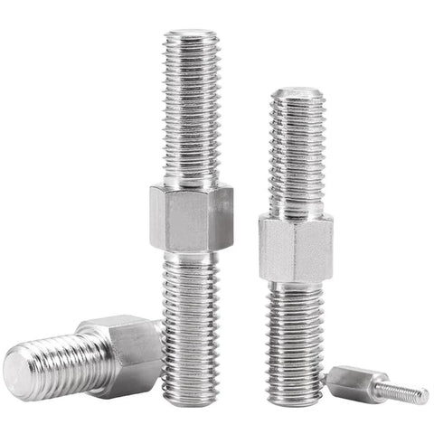 Front view of four stainless steel M12x60 double-ended studs with hex head nuts; right- and left-hand threads visible.