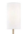 Front view of Olivia Wall Sconce in aged brass finish, 4.75 inch wide by 18.75 inch high, cylindrical white fabric shade