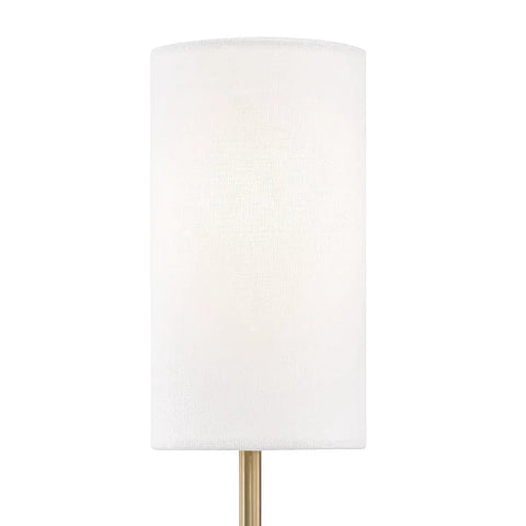 Front view of Olivia Wall Sconce in aged brass finish, 4.75 inch wide by 18.75 inch high, cylindrical white fabric shade