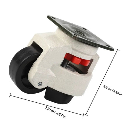 Badass Heavy Duty Adjustable Leveling Casters With Swivel Wheels For Workbenches And Shop Gear Four Pack Plate Mounts close-up side view of caster with dimensions.