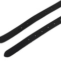 Close-up of black Double Layer Leather Spur Straps with holes, 50cm, for Equestrian Riding Accessories, without buckle visible.