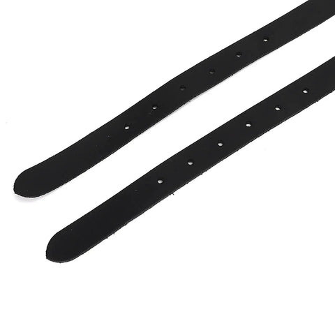 Close-up of black Double Layer Leather Spur Straps with holes, 50cm, for Equestrian Riding Accessories, without buckle visible.