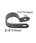 Close-up of a 3/4 inch black R-type nylon cable clip from 100 Pack 3/4 Inch Nylon Cable Clips R Type Kit Black Wire Clamps Fasteners.