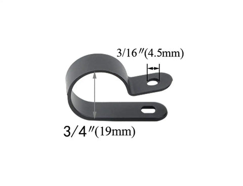 Close-up of a 3/4 inch black R-type nylon cable clip from 100 Pack 3/4 Inch Nylon Cable Clips R Type Kit Black Wire Clamps Fasteners.