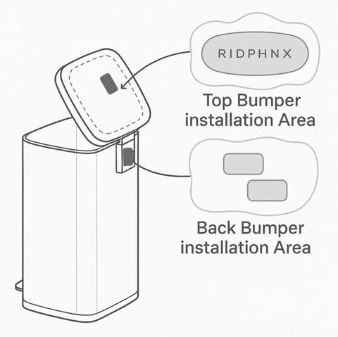Diagram showing 10 Pack Trash Can Protector Pads for Wall and Furniture Protection installation on trash can lid and back.