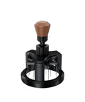 Premium Game Changer 58Mm Espresso Coffee Distributor With Magnetic Base And Precision Rotary Needles For Hitting That Perfect Pull And Nailing Ground Leveling Daily, featuring a wooden handle and black base.