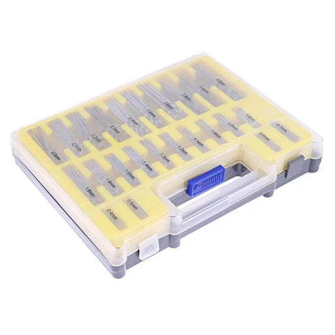 Pro Grade Drill Bit Set For PCB And Jewelry Crafting 0.4mm To 3.2mm 150 Piece Kit with Durable Carry Case displayed