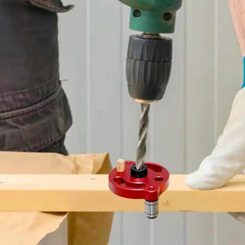 Pro Grade Drill Guide Locator with Vertical Self Centering Dowel Jig Kit in use, red aluminum, 3-10mm drill bushings