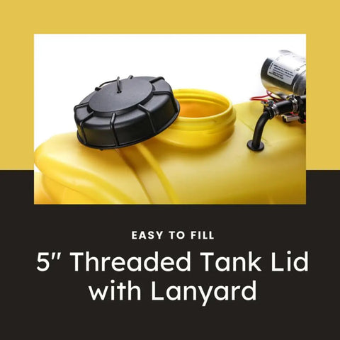 5 inch threaded tank lid with lanyard on a yellow poly tank used for 15 Gallon Gold Spot Sprayer With Prime Pump For Ag And Weed Control.