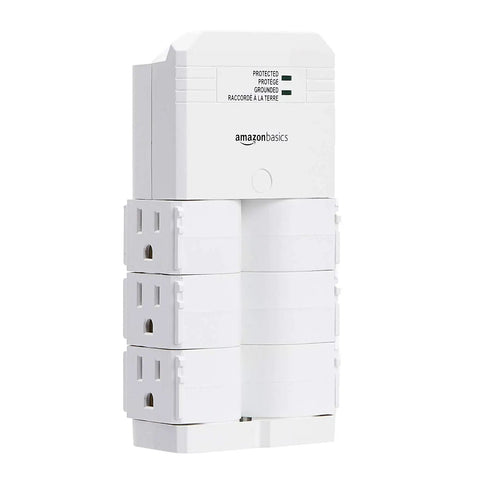 Six-Outlet Surge Protector Wall Mount Power Strip with rotating outlets and protection indicator, 1080 Joules, white.