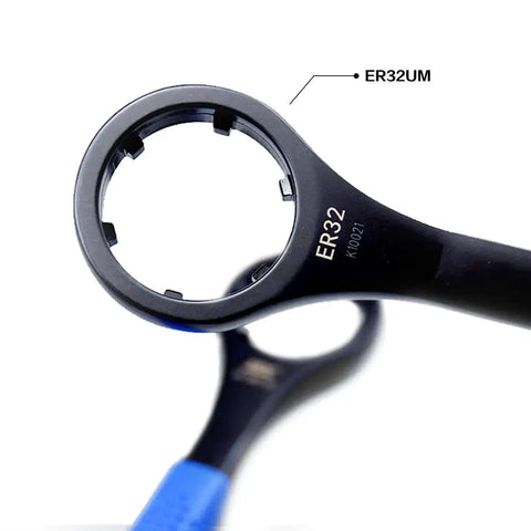Close-up of ER32 Nut Wrench showing open end and annular groove for CNC collet chuck. Blackened finish, durable steel for precise fit.