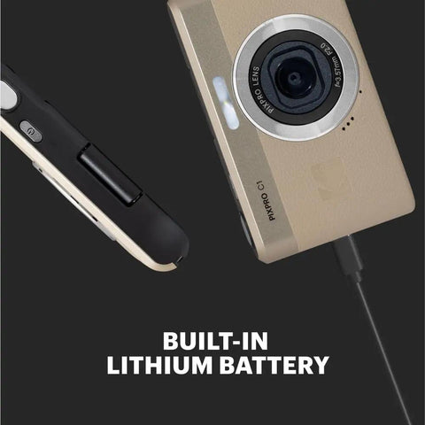 Compact Point And Shoot Camera With 13MP Sensor, 4x Digital Zoom, built-in lithium battery, tan finish, charging view.