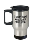 RC Plane Travel Mug 14 Oz Stainless Steel Cup Holder Friendly Lid With Slide Closure for RC Aircraft Fans and Pilots, side view.