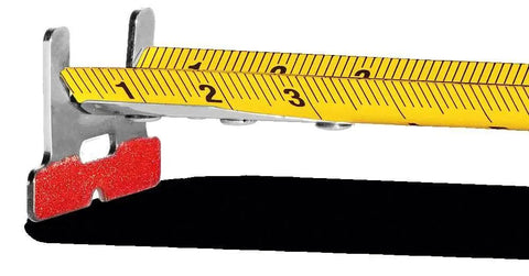 Close-up of Pocket Tape Measure With Double Sided Inches And Centimeters, 26 Feet, showing metal end and yellow blade.