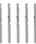 End mills front view: five 1/8 in down-cut single-flute O-flute CNC router bits, 1 in cut length, pack of 5
