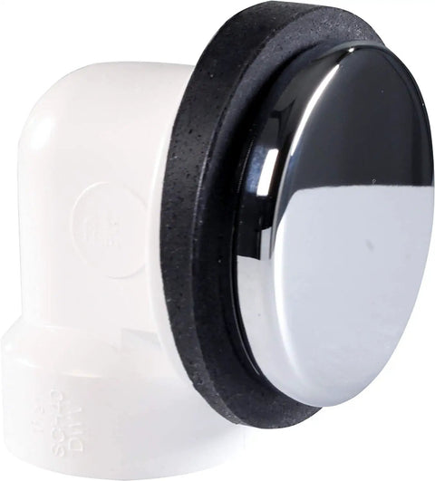 Built Tough Sch 40 Pvc Bath Waste And Overflow Assembly With Slick Illusionary Faceplate And Ada Compliant Toe Touch Drain Plug Polished Chrome close-up of chrome plug detail.