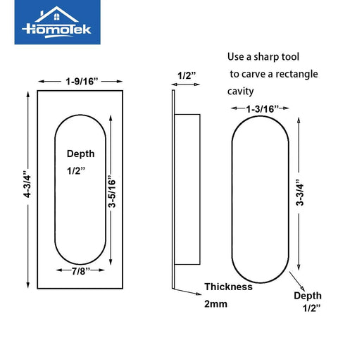 Diagram of installation dimensions for 2 Pack 120mm Flush Sliding Door Pulls Recessed Finger Pulls For Sliding Barn Bypass Doors Pocket Doors Cabinets And Furniture Rectangular Invisible Pull Black Matte Finish 4.75 Inches.