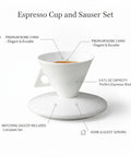 Classic White Bone China Espresso Cup And Saucer Set Designed For Your Daily Coffee Grind Holds 3.4 Ounces Of Precision Shots For Smooth Kitchen Vibes on white background.